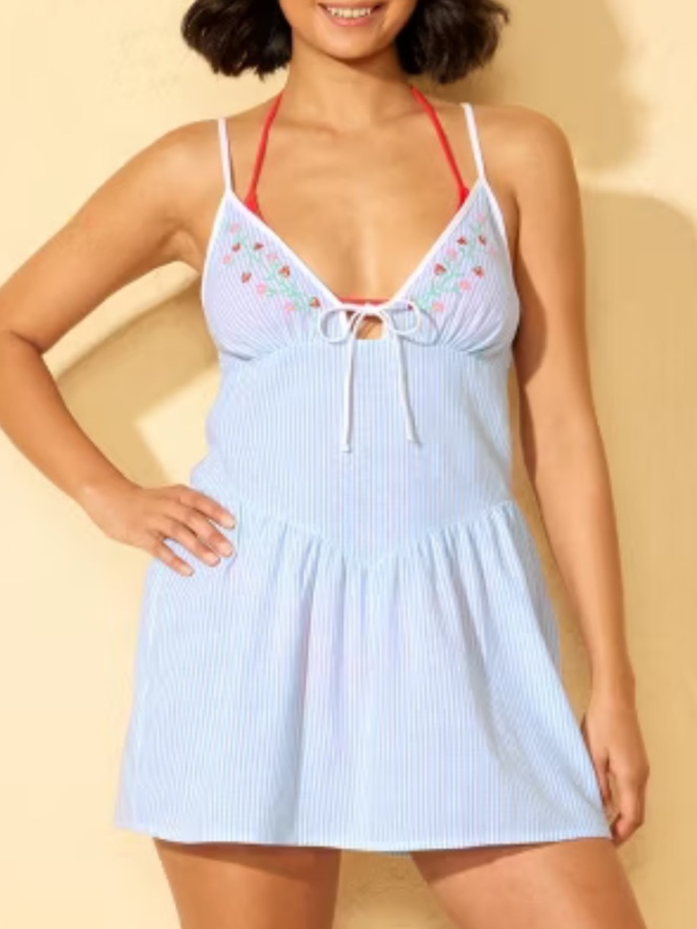 Wild Fable Blue White Stripe Embroidered Strawberry Swim Cover up Dress